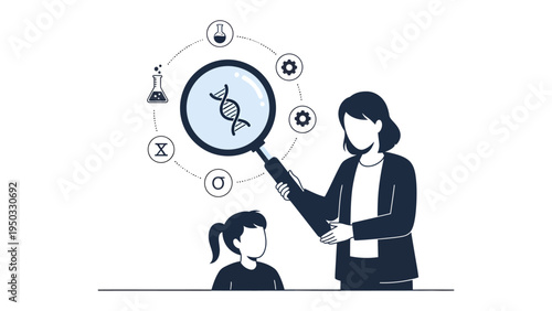 Genetic Discovery: A scientist and child explore the marvels of genetics through a magnifying glass, surrounded by scientific symbols, highlighting the essence of discovery and learning.