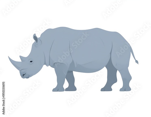 Illustration of a grey rhinoceros standing facing left, on a white background