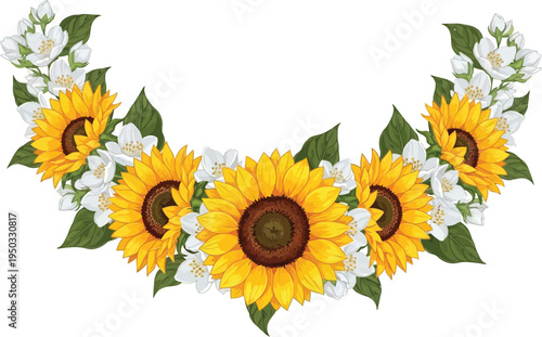 A beautiful floral arrangement of sunflowers and white flowers on a plain background