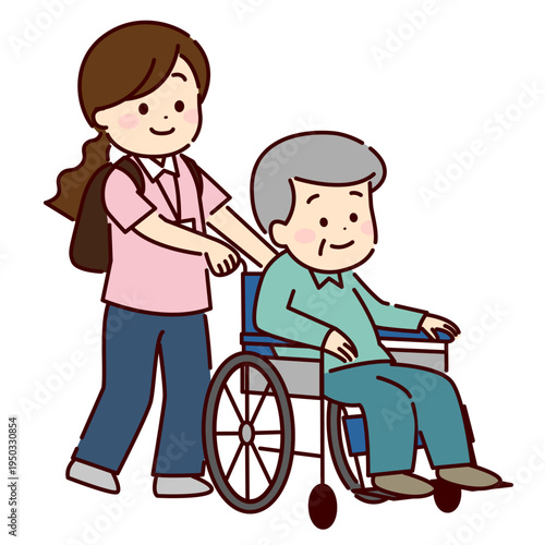 シニア男性を車椅子で送る女性