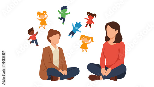 Moments of Learning and Connection: Two educators engaged in a session with abstract children icons, symbolizing a nurturing environment of growth and education. 