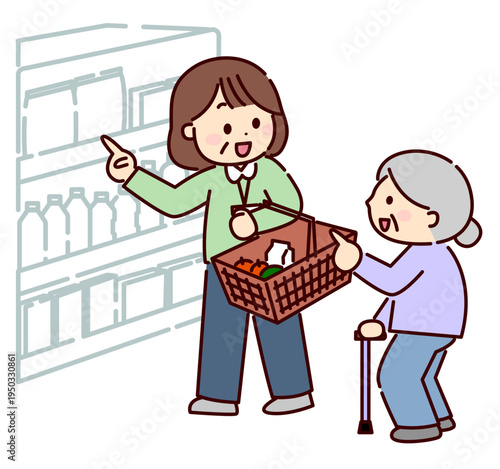 シニア女性の買い物に付き添う女性