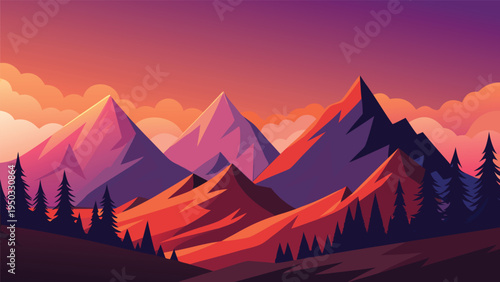 A mountain range with trees and a sunset