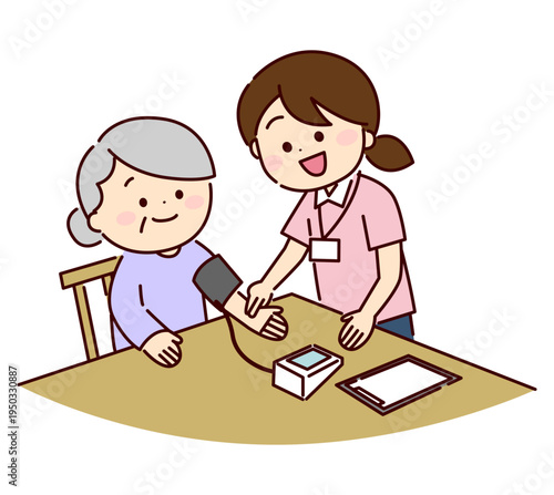 シニア女性の血圧を測る看護師