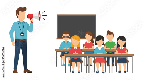 School Class Instruction: An instructor with a megaphone addresses a class of attentive students, setting the scene for an informative lesson