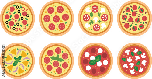 Set of tasty pizza illustrations featuring different varieties and styles, perfect for food design, menus, and vector artwork isolated