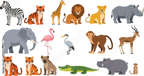Wild Safari Animals Cartoon Collection with Lion Tiger Zebra Elephant Vector Illustration Set