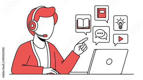 Illustration of Support System: A focused person with a headset is engaged in providing customer service and technical support, with informational speech bubbles emerging.