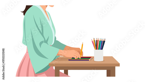 Artistic Pursuit: A person focuses on artwork with a pencil, bringing creativity to life on the table, surrounded by a colorful array of pencils. 