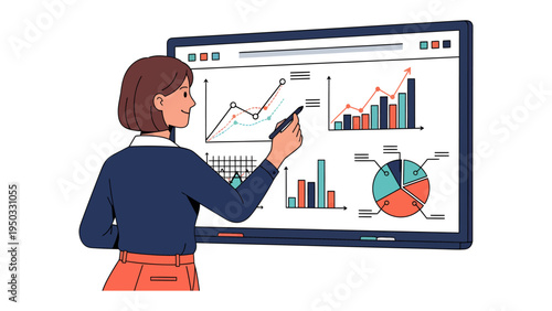 Data Presentation & Analysis: A woman in a business environment analyzes graphical data on a screen, with meticulous detail and an analytical approach.