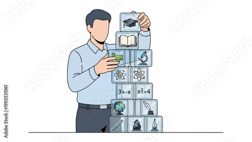 Building a Foundation of Knowledge: An individual meticulously constructs a tower of educational symbols, each block representing a facet of learning and enlightenment.