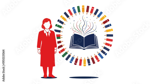 Educator's Vision: Depicting a figure standing near an open book encircled by colorful pencils, symbolizing learning and knowledge. Reflecting education's power and potential.