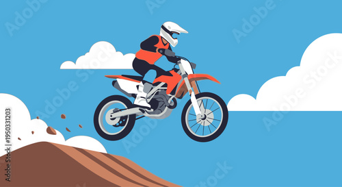 Motocross rider jumping over dirt ramp on a sunny day with blue sky and clouds