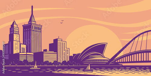 Milwaukee sunset skyline vector featuring the Milwaukee Art Museum, US Bank Centre, and Hoan Bridge