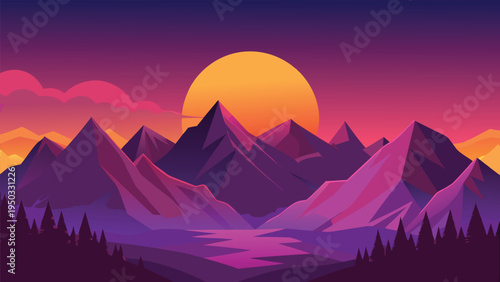 A mountain range with a river and trees at sunset