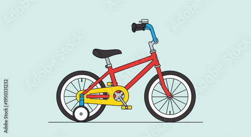 Red Children's Bicycle with Training Wheels, Blue Handlebars, Yellow Chain Guard, Isolated on Light Blue Background