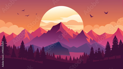 A serene mountain landscape at sunset with trees and birds