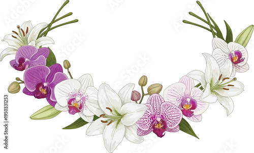 A beautiful floral wreath made of white and purple orchids on a plain white background