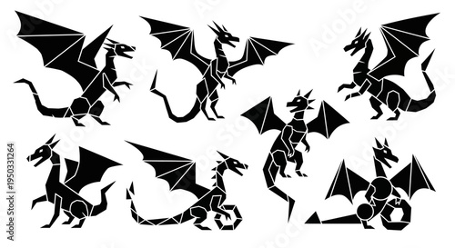 Set of Black Dragon Silhouettes, Mythical Creatures, Fantasy Art, Vector Graphics