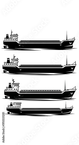 Set of four black and white illustrations of cargo ships in a row, side view.