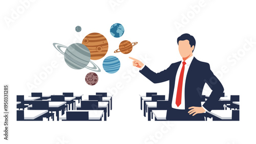 Celestial Lesson: A teacher in a suit points towards planets, providing an educational experience for seated students.