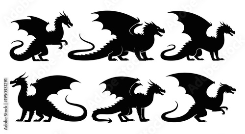Set of Six Black Dragon Silhouettes on White Background, Fantasy Creature Icons