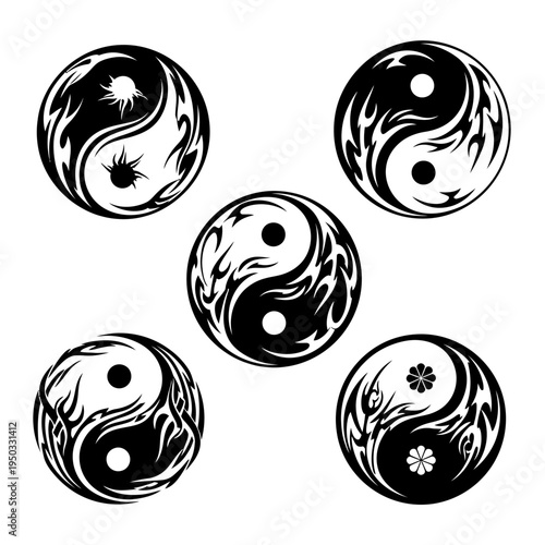 Yin Yang Symbols with Tribal Flames and Floral Elements - Set of 5