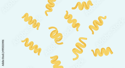 Yellow Fusilli Pasta Swirls Scattered on a Light Blue Background - Food Pattern