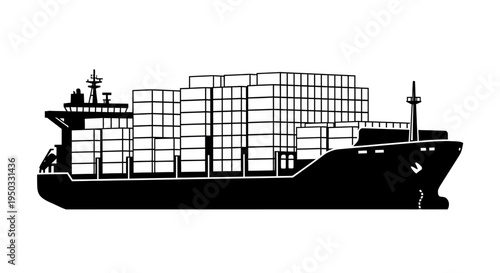 Black and white silhouette of a cargo ship loaded with containers at sea