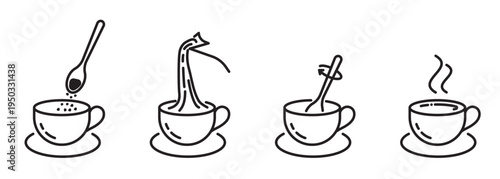 Basic steps to prepare a finished drink from freeze-dried granulated coffee. Instant coffee making process with kettle, cup and teaspoon. Linear outline icons for packaging instructions and beverages.