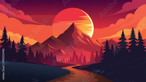 A serene mountain landscape with a river and trees at sunset