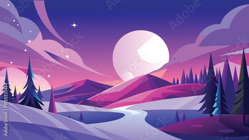 A serene winter landscape with a large moon in the background