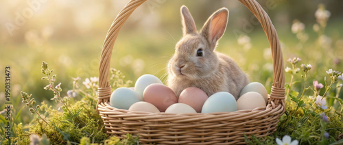 Cute bunny rabbit in a wicker basket with pastel eggs surrounded by green grass and spring wildflowers in gentle golden