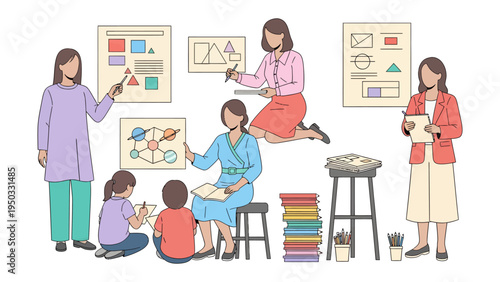 Learning Environment Illustration: A vibrant illustration shows an engaging learning environment, with a teacher interacting with students, fostering curiosity and knowledge exchange in the classroom.