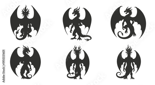 Dragon Silhouettes Collection: Mythical Creatures, Fantasy Art, Vector Graphics
