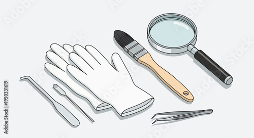 Forensic Science Tools: Magnifying Glass, Gloves, Tweezers, Brush, and Tools for Investigation