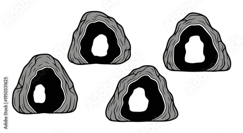 Four cave entrances, abstract rock formations with dark openings, graphic illustration