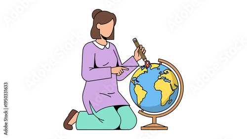 Exploring the World: A focused educator kneels, pointing a pen at a globe, symbolizing learning, discovery, and the pursuit of knowledge.