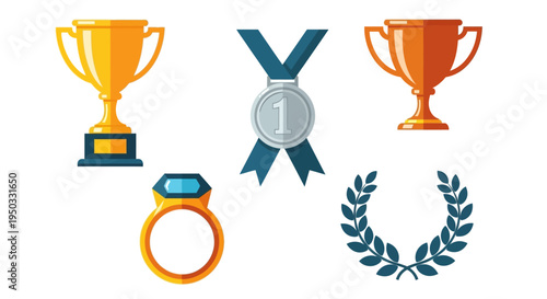 Golden Trophies, Silver Medal, Ring, and Laurel Wreath: Symbols of Victory and Achievement
