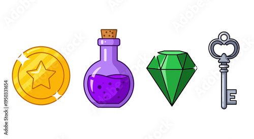 Game Icons: Gold Coin, Potion, Diamond, Key - Pixel Art Style