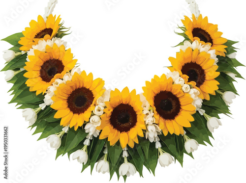 A beautiful floral necklace made of sunflowers and white flowers on a white background