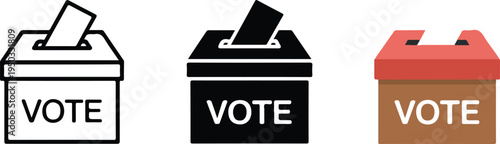 Minimalist ballot box vote icon set with line art, black silhouette and red 3D election symbol