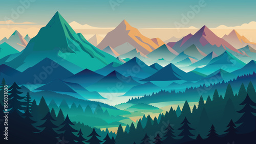 A colorful mountain range with trees and a lake