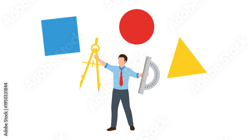 Geometry's Architect: A person with the tools of geometry, circle, triangle and square, creating the perfect art with the precision.