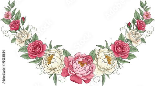 A beautiful floral wreath with pink and white flowers on a white background