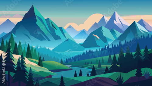 A serene mountain landscape with trees and a river