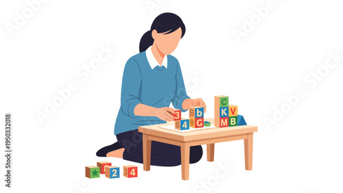 Playtime Harmony: A caregiver and child share a moment of connection, building towers and exploring colorful blocks, fostering a sense of joy and learning through simple, hands-on activities.