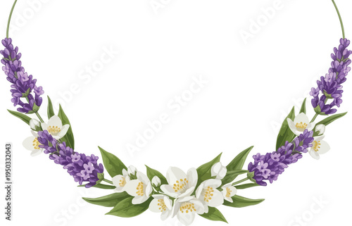 A beautiful floral wreath made of purple lavender and white flowers on a white background