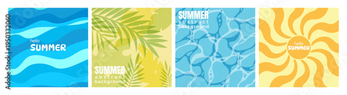 Abstract Summer background collection. Summer posters with waves, tropical leaves, sun, with overlay effect and grainy texture. Summer Background for advertising, seasonal sales, banners, social media