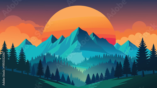 A mountain range with trees and a sunset